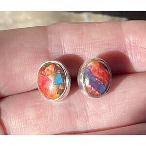 Navajo Style Sterling Silver Spiny Oyster Turquoise Stud Earrings Southwest Oval